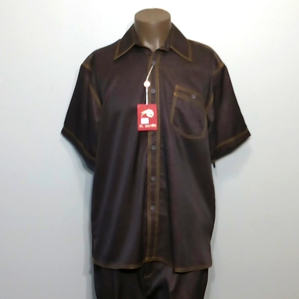 Rare 2pc Men's Brown & Gold Short Sleeve Shirt and Pants Set by IC CANTO
